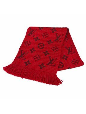 Louis Vuitton Logomania Scarf Wool Silk Blend Ruby Fringe